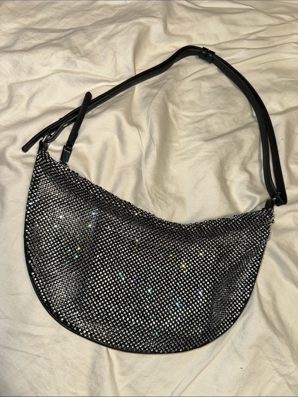Black Crystal Crescent Shoulder Bag with Adjustable Strap